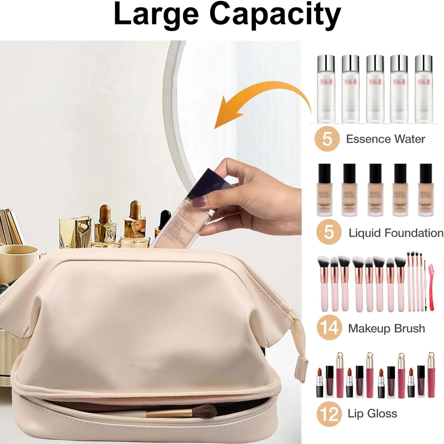 Elegant, Trendy and Stylish Double Layers Wide-open Leather Travel Makeup Organizer Bag - Spacious yet Chic Storage for on-the-g