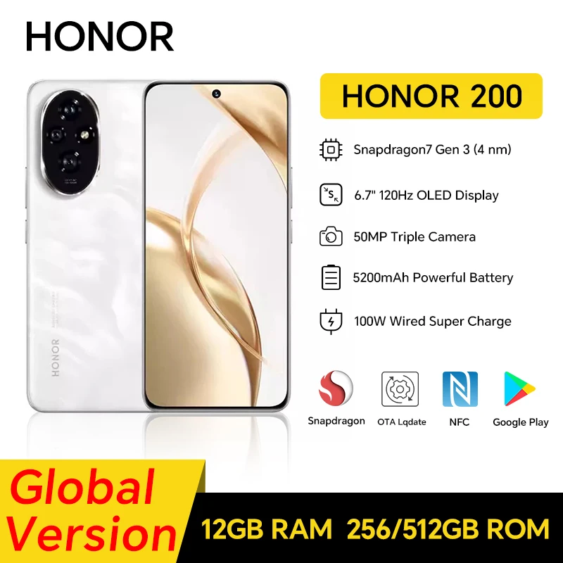 HONOR 200، 12 جيجابايت + 256/512 جيجابايت، شاشة OLED مقاس 6.7 بوصة، 5 جيجا، شحن مزدوج، كاميرا ثلاثية 50 ميجابكسل، شحن سريع، هاتف ذكي يعمل بنظام Android