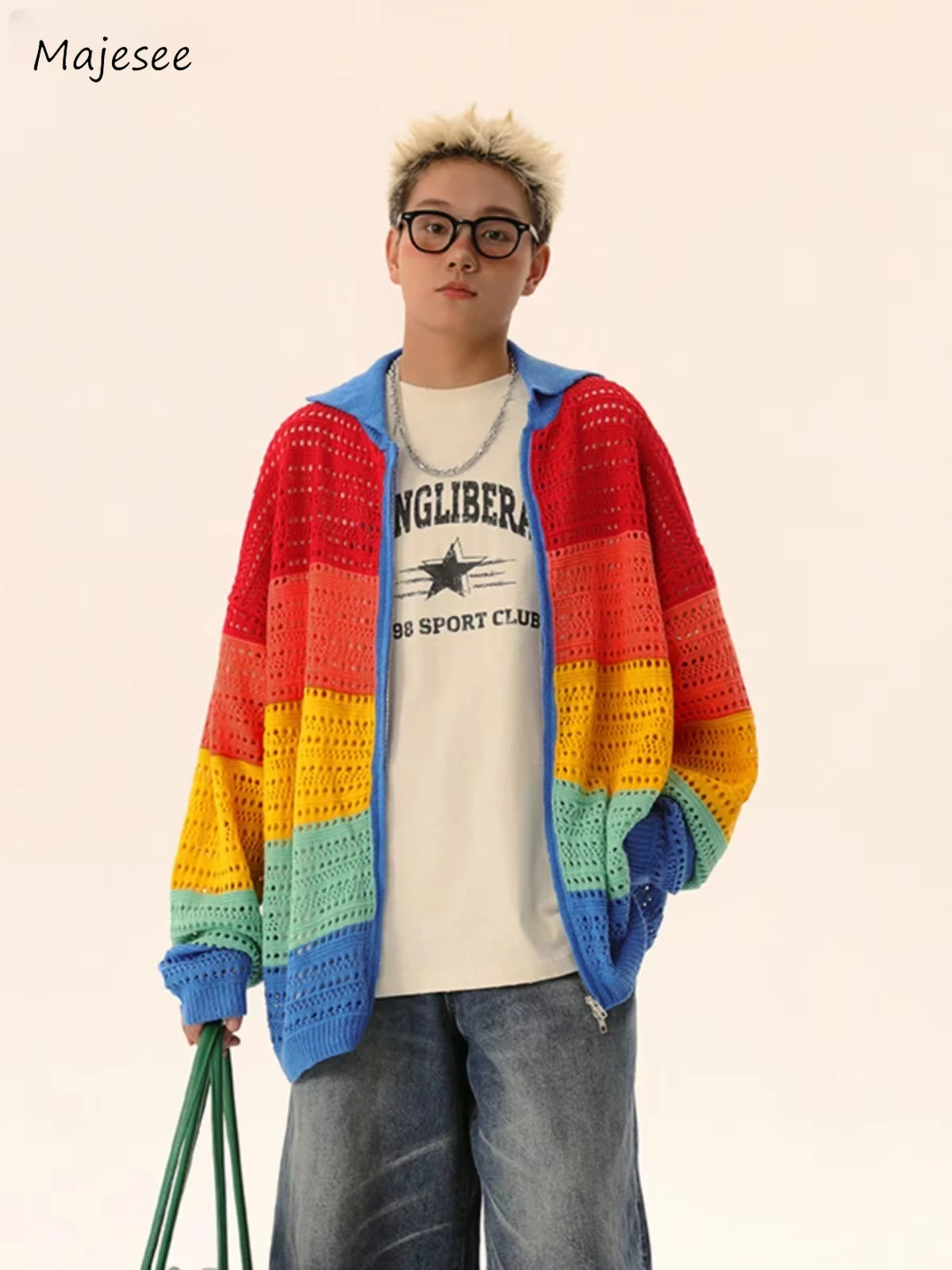 

Baggy Cardigan Men Simple Colorful Hollow Out Daily Prevalent American Style Retro Causal Fashion Hipster Knitwear Spring Autumn