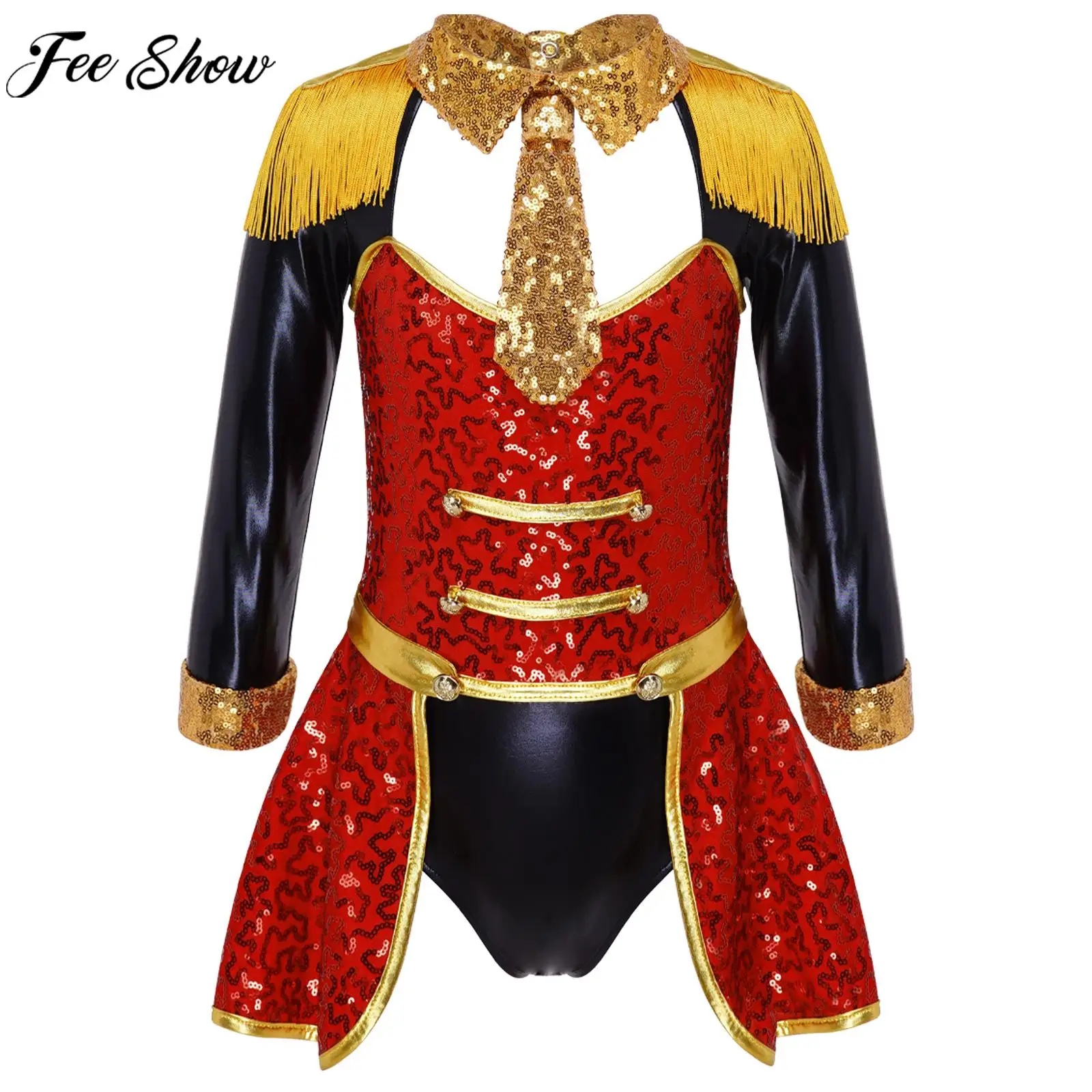 Girls Circus Clothing Long Sleeve Sequin Tassels Bow Tie Retro Bodysuit for Halloween Theme Party Carnival Cosplay Performance