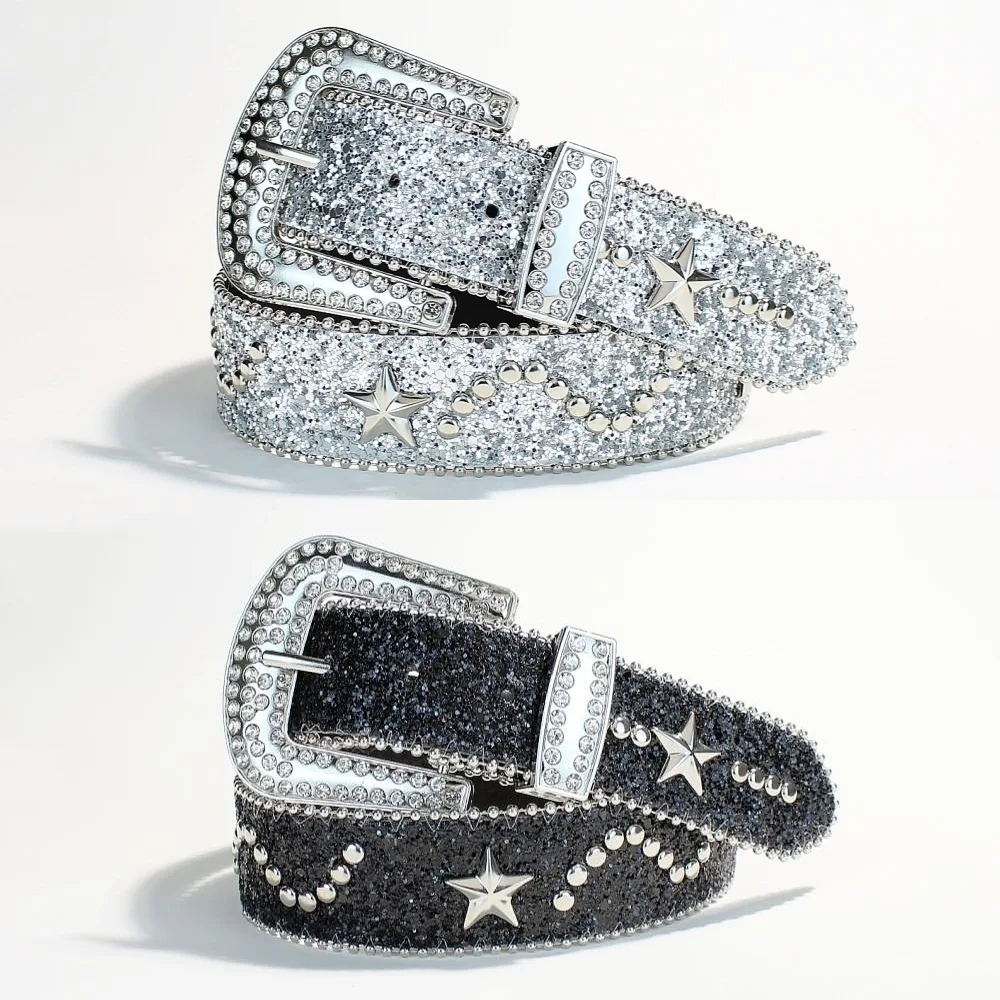 fashion Design Ladies' waist belt with silver edge beads, pentagram rivets, sequins, rhinestone inlaid decorative trendy belt