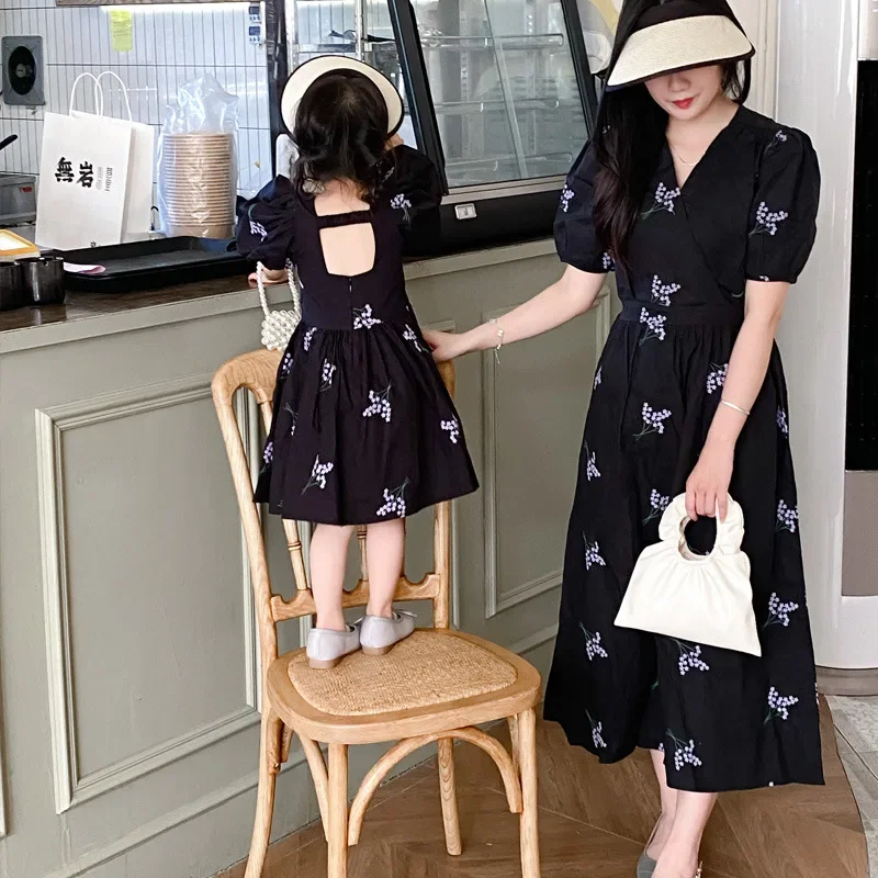 Mom and Baby Girl Princess Dress Like Mother Like Daughter Dresses Elegant and Pretty Same for Women\'s Blue Short Sleeve Frocks