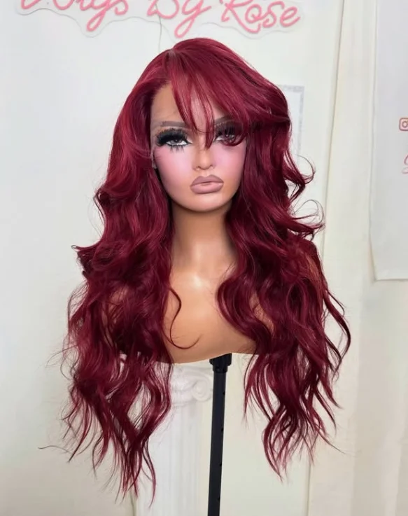 99j Burgundy Red Wig With Bangs Body Wave Lace Front Wig Synthetic And Blend Premium Fibre Heat Resistant Pre Plucked Cosplay
