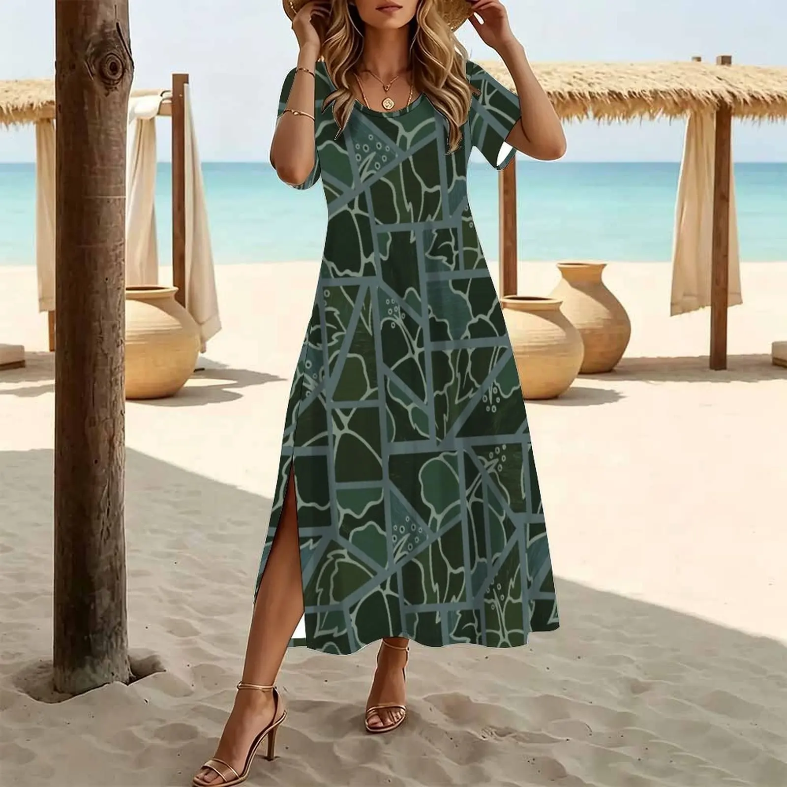 Forest Green Hibiscus Mosaic Women's Round Neck Short Sleeve Split Long Dress