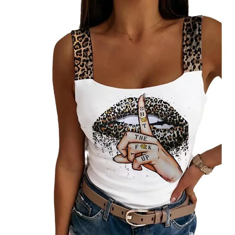 Damesmode Luipaard Lippen Gedrukt Mouwloos Crop Tops Fashion Party Club Zomer Mouwloos Streetwear Bustier Tops Vesten