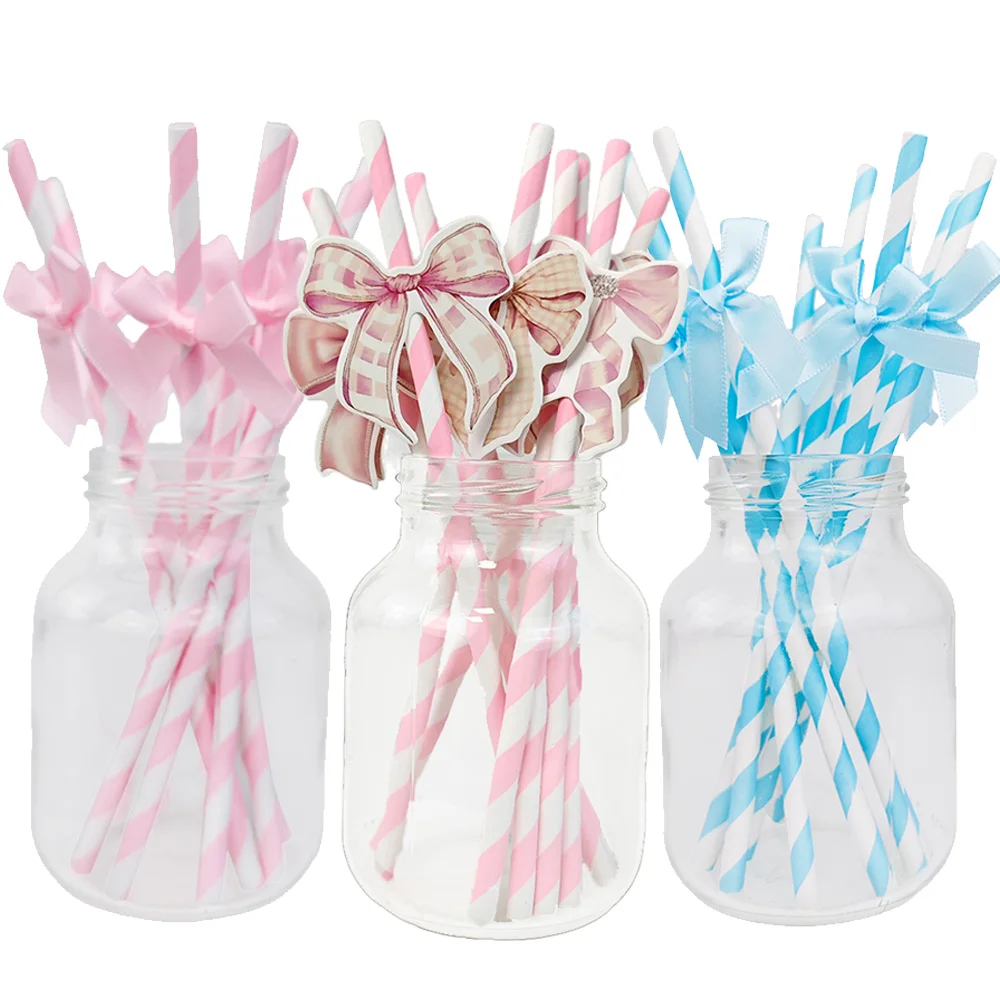 20/40/60/100pcs Bow Pattern Pink Blue Drinking Straws Girls Birthday Party Wedding Baby Shower Decoration Supplies Gifts