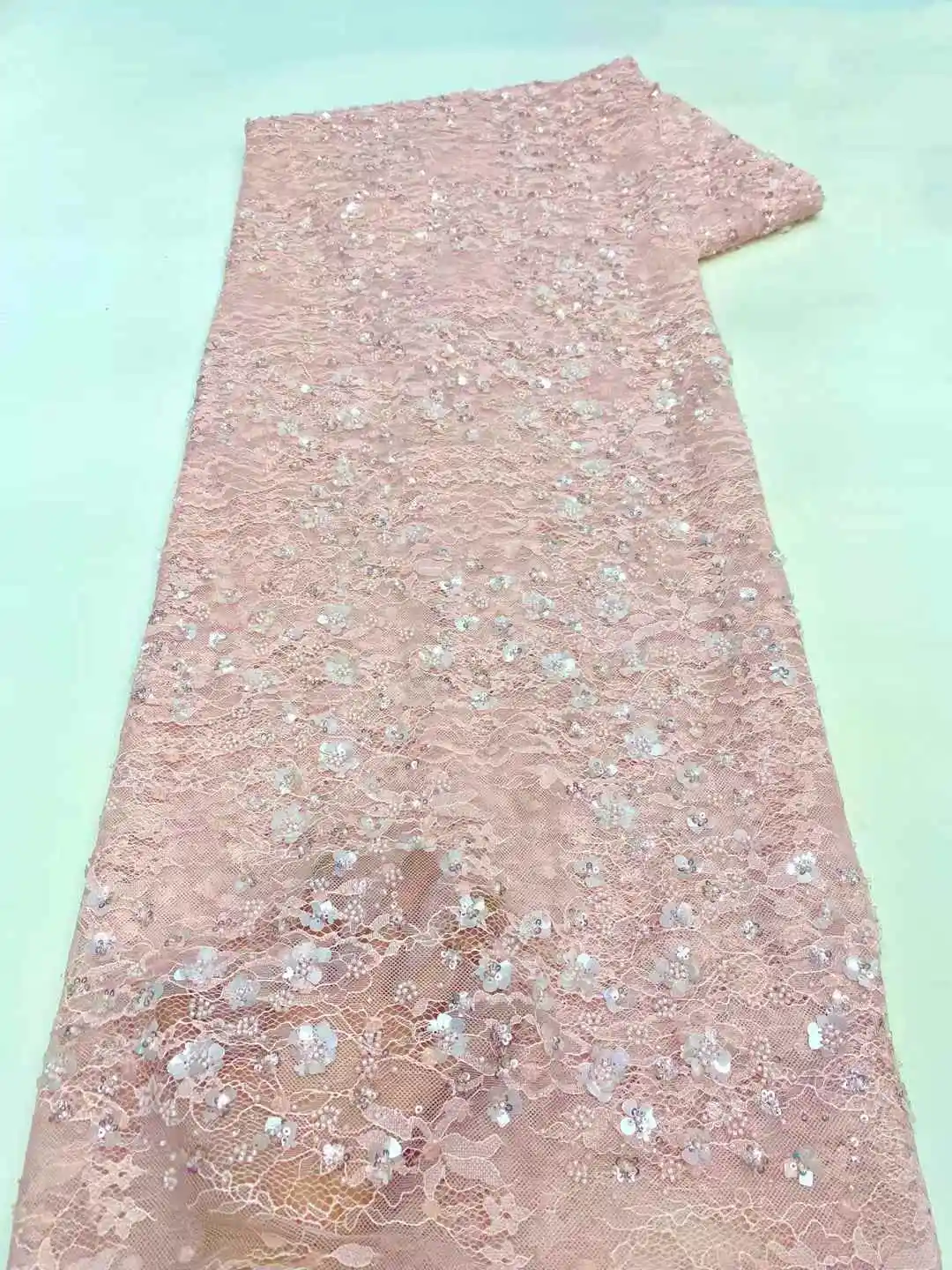 

African Pink Luxury Beaded Tulle Lace Fabric 2025 High Quality Nigerian Sequins Lace Fabrics For Bridal Wedding Party Dresses
