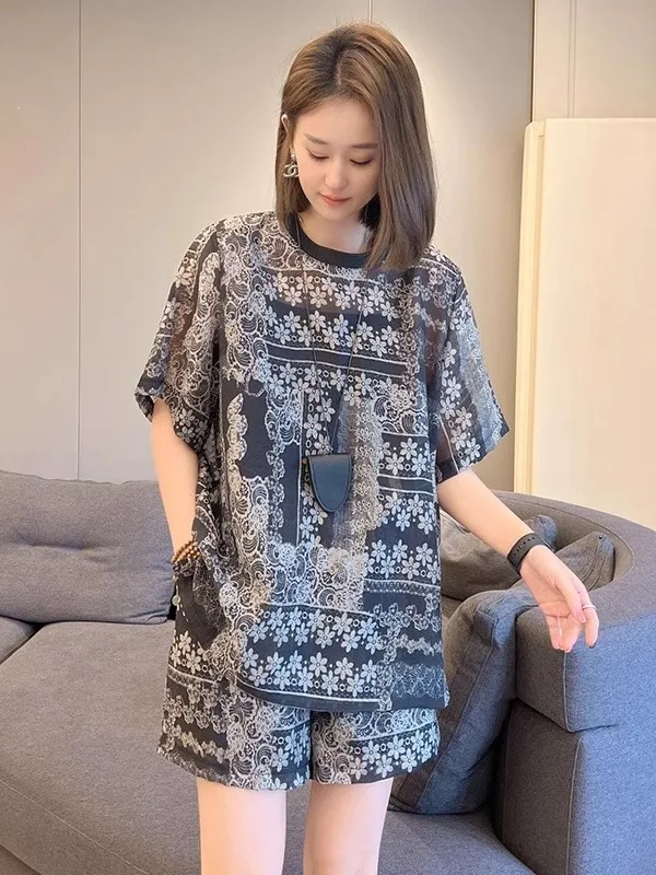 

Fashionable Large Size Loose Printed T-Shirt And Shorts Set Women's Clothing Casual High Waist Short Pants round Neck Short S...
