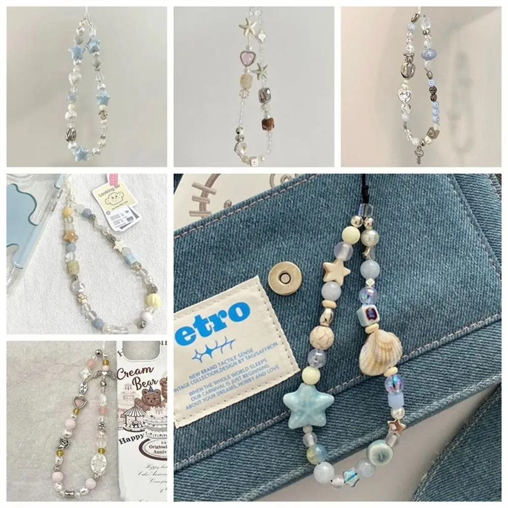 Telephone Jewelry Star Pearl Beaded Phone Chain Hanging Cord Phone Charms Phone Strap Handmade Summer Mobile Lanyard Women Girls