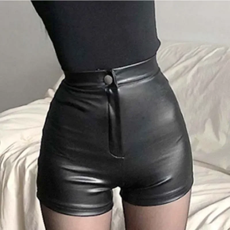 Woman Sexy Open Crotch Shorts PU Skinny Crotchless Mini Pants Leather Outdoor Sex Costume Seamless Zipper Fly Flash Booty Jeans