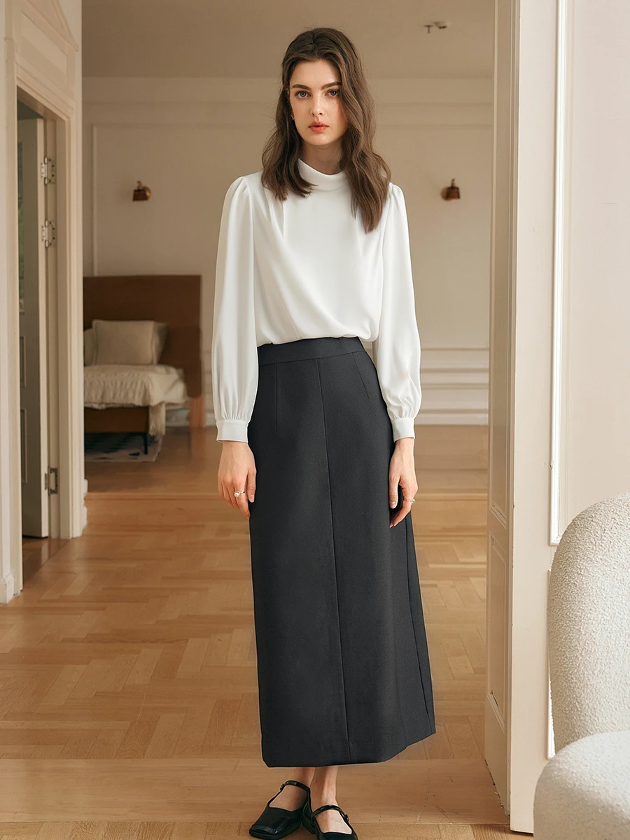 بلوزات نسائية أنيقة فرنسية من OLrain لخريف 2025 بياقة واقفة من الساتان وأكمام طويلة بلوفرات للسيدات ملابس نسائية M57QX000115