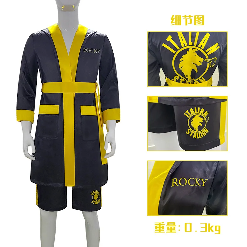 

The stallion of Italian Cosplay Boxing Suit Pajamas Black Coat Pants Belt Bathrobe Halloween Carnival Costumes
