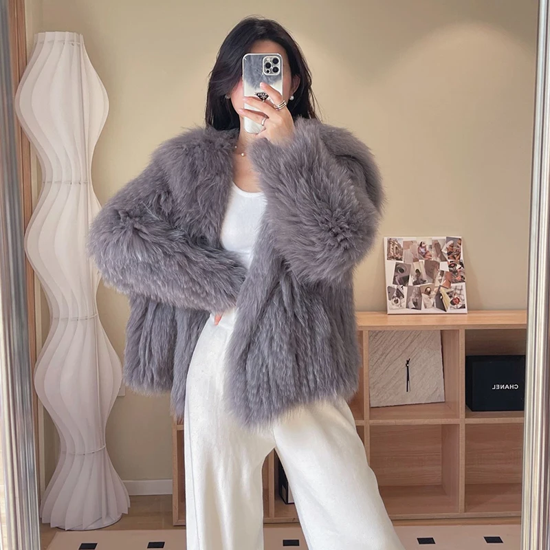 Real Fur Coat Women Luxury 2023 Winter Navy Collar Encryption Double Woven Warm Blue/Pink/Brown Fox Fur Jacket Doudoune Femme