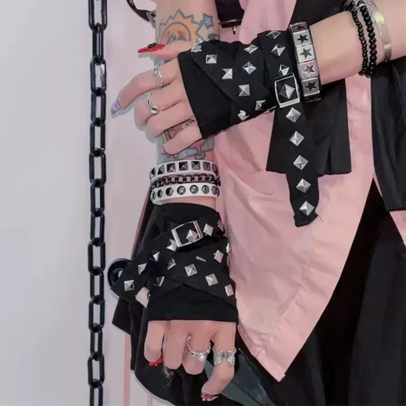 Y2K الألفية الساخن JK الفتيات برشام حزام قفازات الهيب هوب Harajuku أصابع قفازات الشرير القوطية نمط قصيرة الذراع أدفأ الشارع الشهير #1