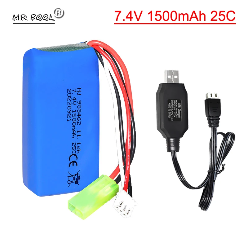 7.4V 2S 1500mAh Mini Tamiya plug Lipo battery 903462 with USB cable For Wltoys 12428 12423 1:12 RC Climbing toys Car spare parts