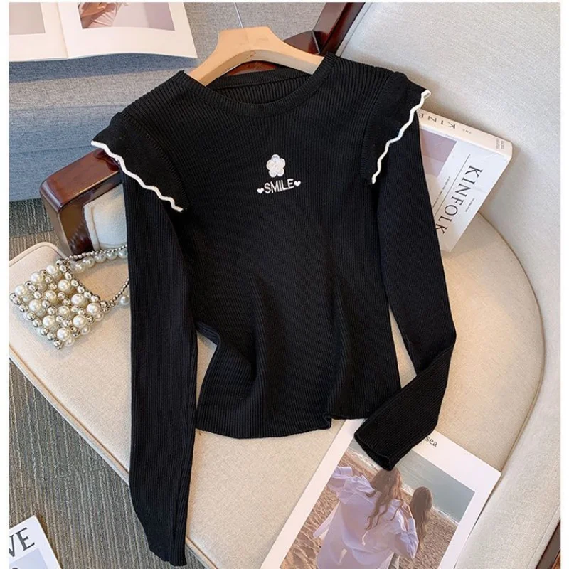 Fashion Embroidered Flower Knit Sweater Women Square Collar Long Sleeve Slim Jumpers Autumn Winter Korean Base Pullovers Female