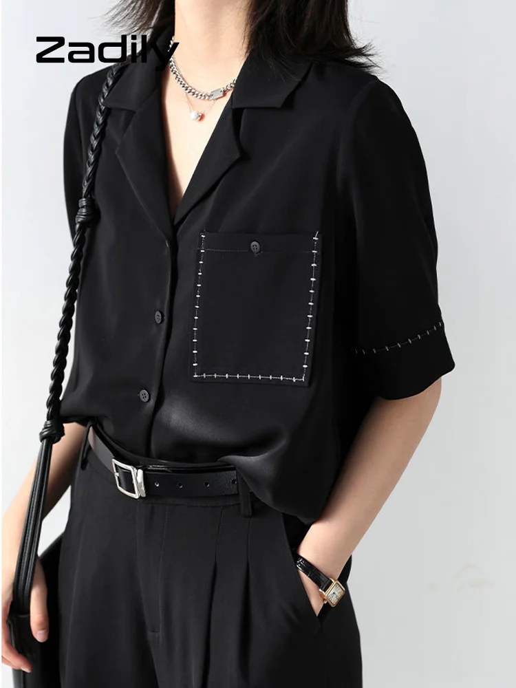 Women\'s Minimalist Style Short Sleeve Black Chiffon Shirt Loose Blouse Tops Brigh Line Decoration Button Up Summer Fashion 2024