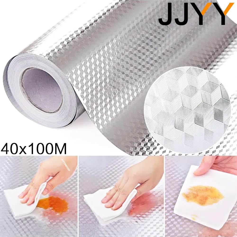 JJYY 40X100CM Kitchen Oil Proof Aluminum Foil Sticker Wall Desk Floor Waterproof DIY Home Furniture Decorate Foil Style Wallpape