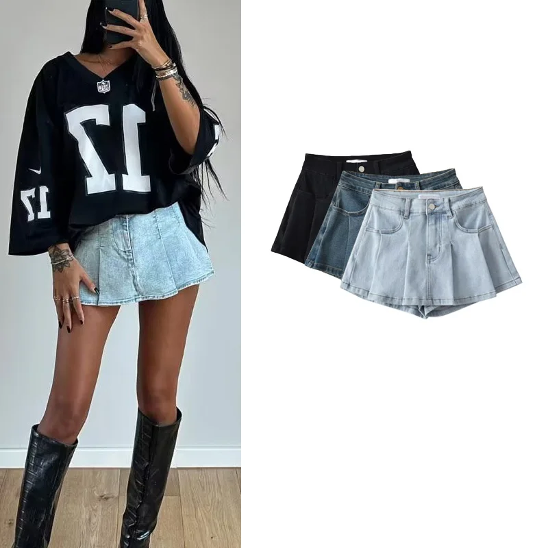 

Spring New A-Line Wide Leg Pants Casual High Waist Wrap ort Skirt Elastic Pleated Denim Skirt Pants Women's Faion Jeans