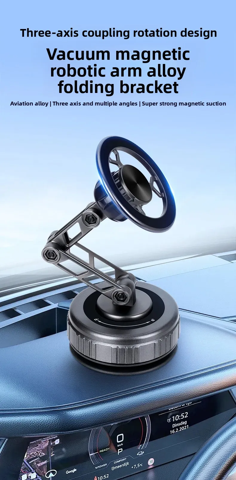 Dreiachsig faltbar 360° ° Rotierender mechanischer Arm, Autotelefonhalter, universelle Halterung, Navigation, Vakuum, magnetischer Telefonständer – Detail 1