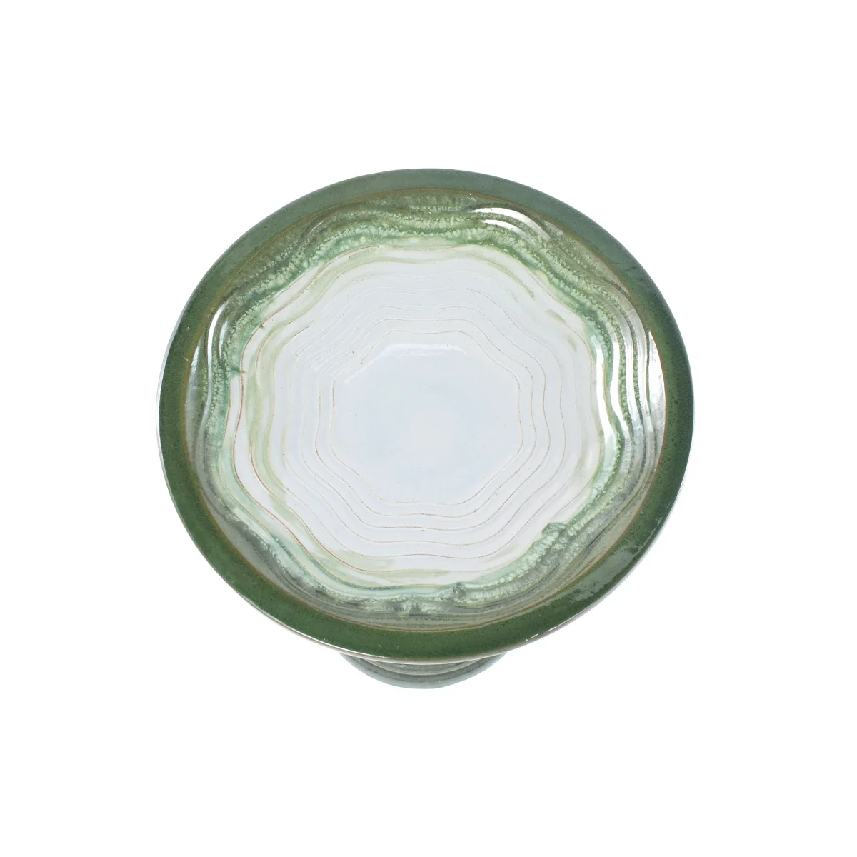 Handmade glazed ceramic bird bath, 17" concentric ripple embossed tray & 18" pedestal base, white to sage green ombre gradient glaze outdoor bird feeder for yard, lawn, patio & backyard view 5
