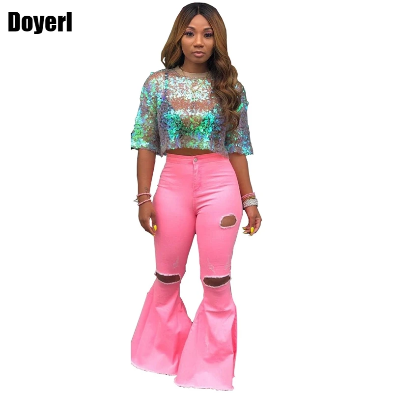 

High Waist Denim Flare Pants Women Streetwear Korean Style Sexy Hole Skinny Jeans Trousers Women Long Casual Bell Bottom Pants