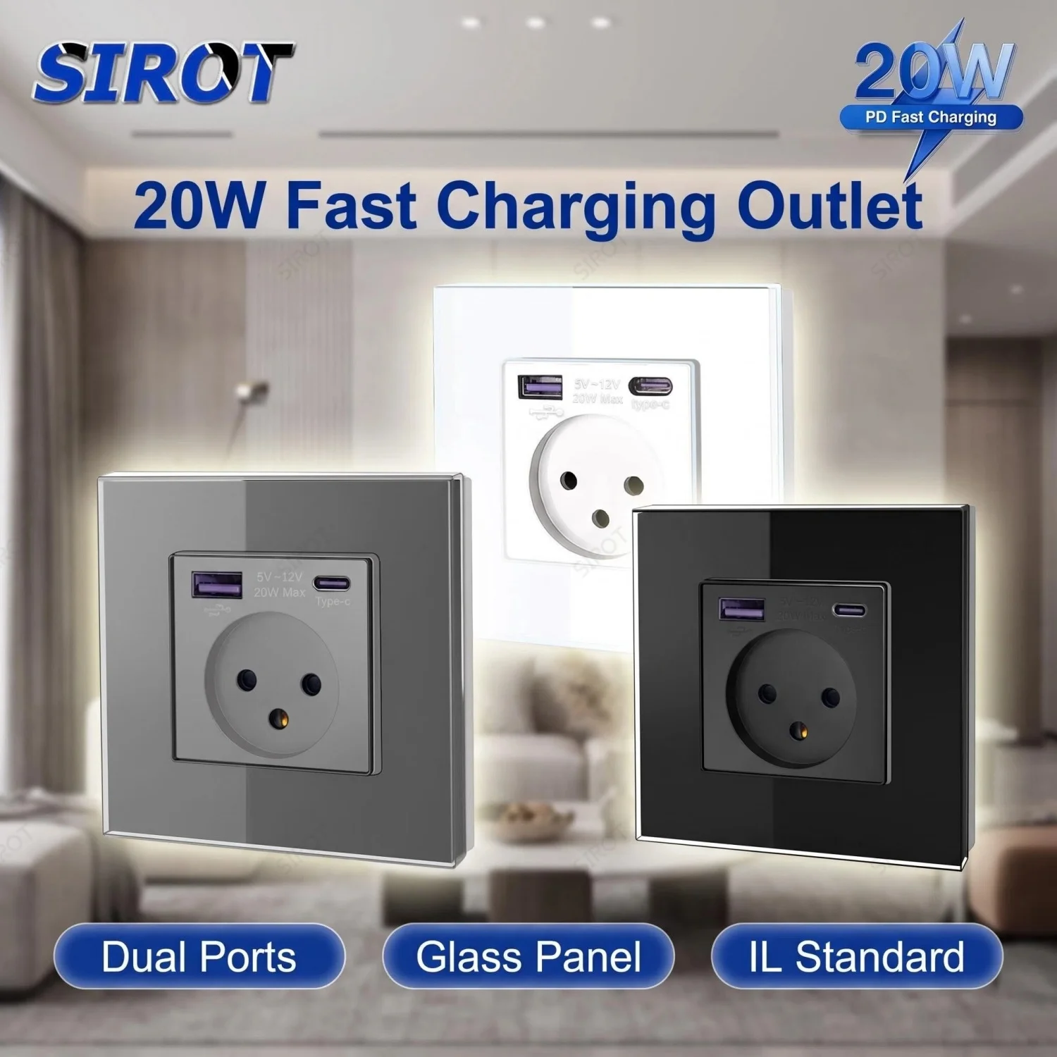 SIROT Israel Wall Socket with USB Type-C 20W PD Fast Charging, 86mm Tempered Glass Panel Power Outlet for Home, White Grey Black