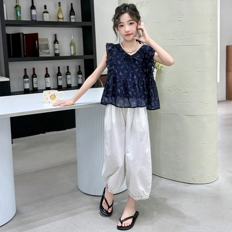 

Брюки, костюмы-двойки, детская одежда для подростков, комплект одежды для девочек-подростков, новые летние детские рубашки с рюшами и цветочными рукавами + широкие штанины