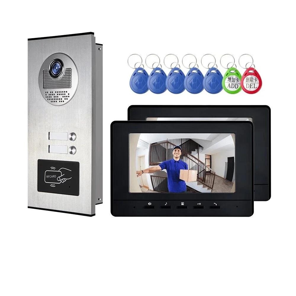 

2-12 Units Apartment Video Door Phone Intercom System 7“Black Monitor RFID Unlock Building Video Doorbell Kits For Home Security