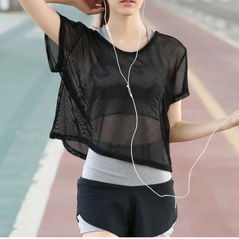

Women's Mesh Yoga Shirt Sexy Short Sleeve T-Shirt Sport Top Blouse Cover Up Quick Dry Gym Clothes Running Fitness Tank Sportwear