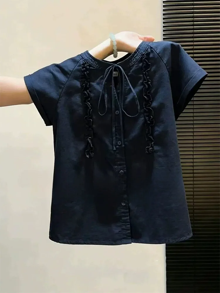 

Loose Korean Style Women's Shirt Knot Short Sleeve round Neck Casual Breathable Fashionable Spring Autumn Top