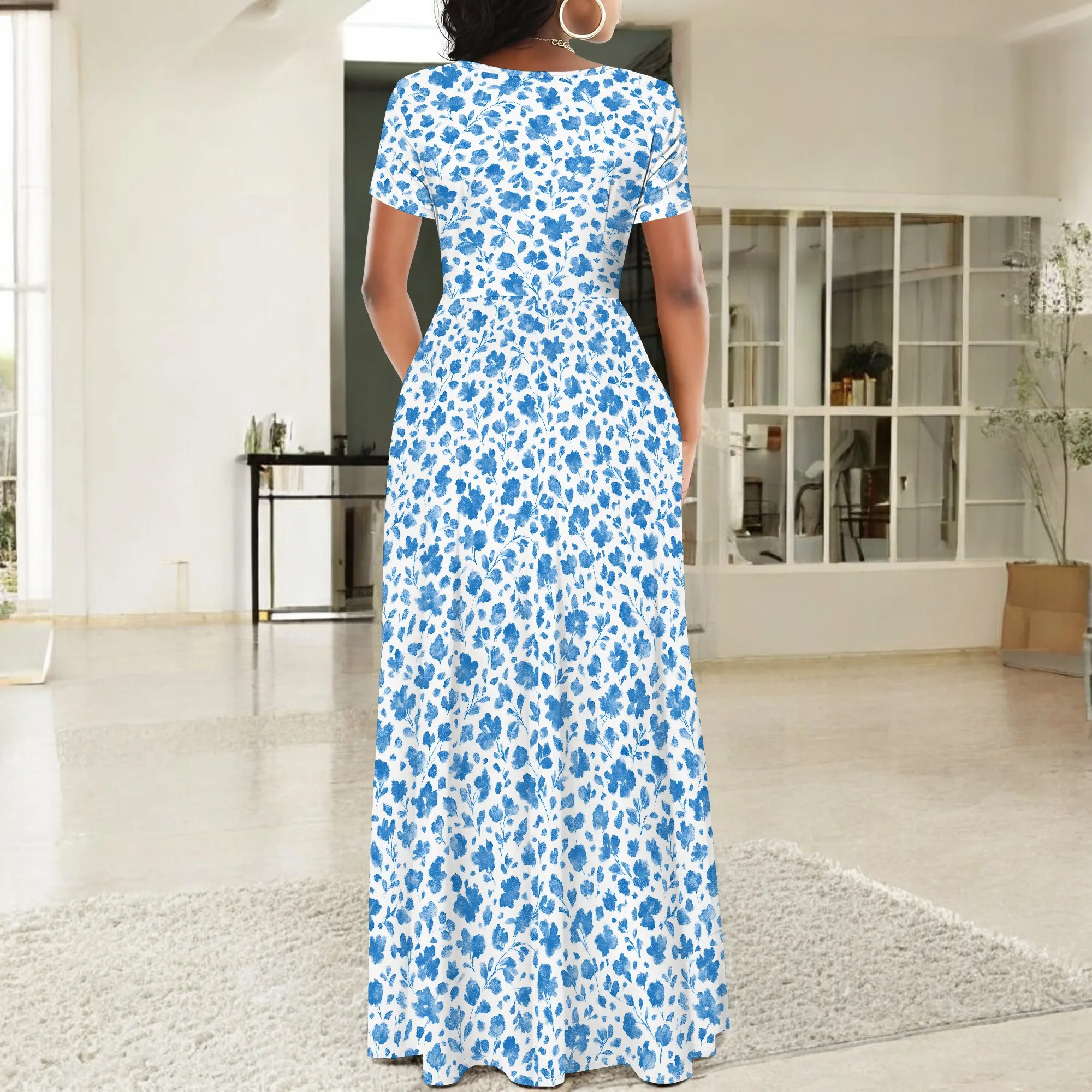 ผู้หญิง 2025 แขนสั้นคอกลมลําลองฤดูร้อน Flowy Maxi ชุดเดรสฤดูร้อน