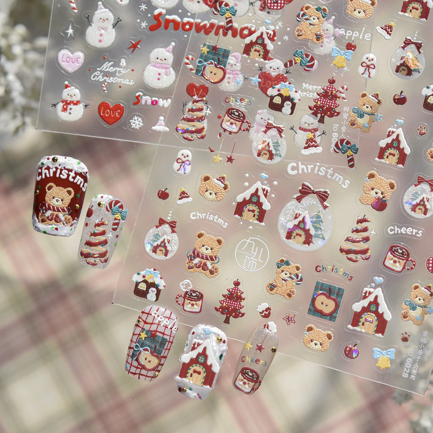 Mini Christmas 5D Nail Stickers Nail Cute Snowman Love Snowflakes Cat Bowknot Star Elk Crystal Ball DIY Nail Art Stickers Decals