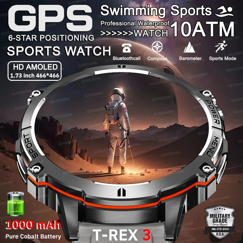 

Outdoors T-Rex 3 Military 1000mAh Battery Smart Watch 10ATM Waterproof GPS Compass Altimeter Bluetooth Call HD AMOLED Swim Watch