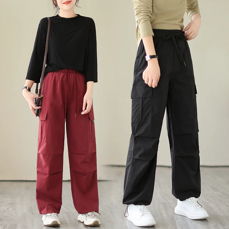 

6227 Women's Solid Color Multi Pocket Simple Cozy Cargo Pants Female Elastic Waist Loose Casual Bloomers Elegant Vintage Trouser