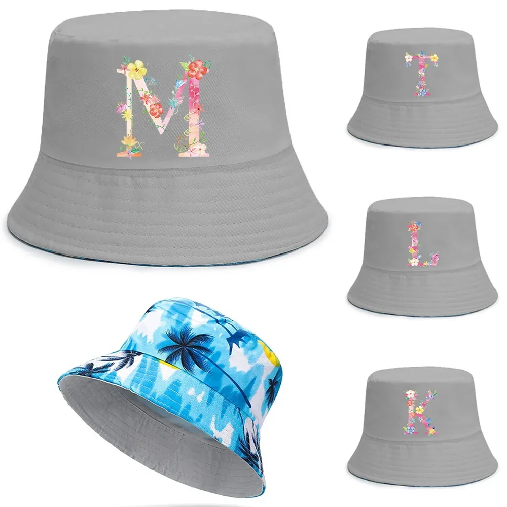 Unisex Bucket Hat Man Women Cotton Reversible Fisherman Cap Girl Boy Outdoor Beach Double-sided Caps Pink Initial Name Series