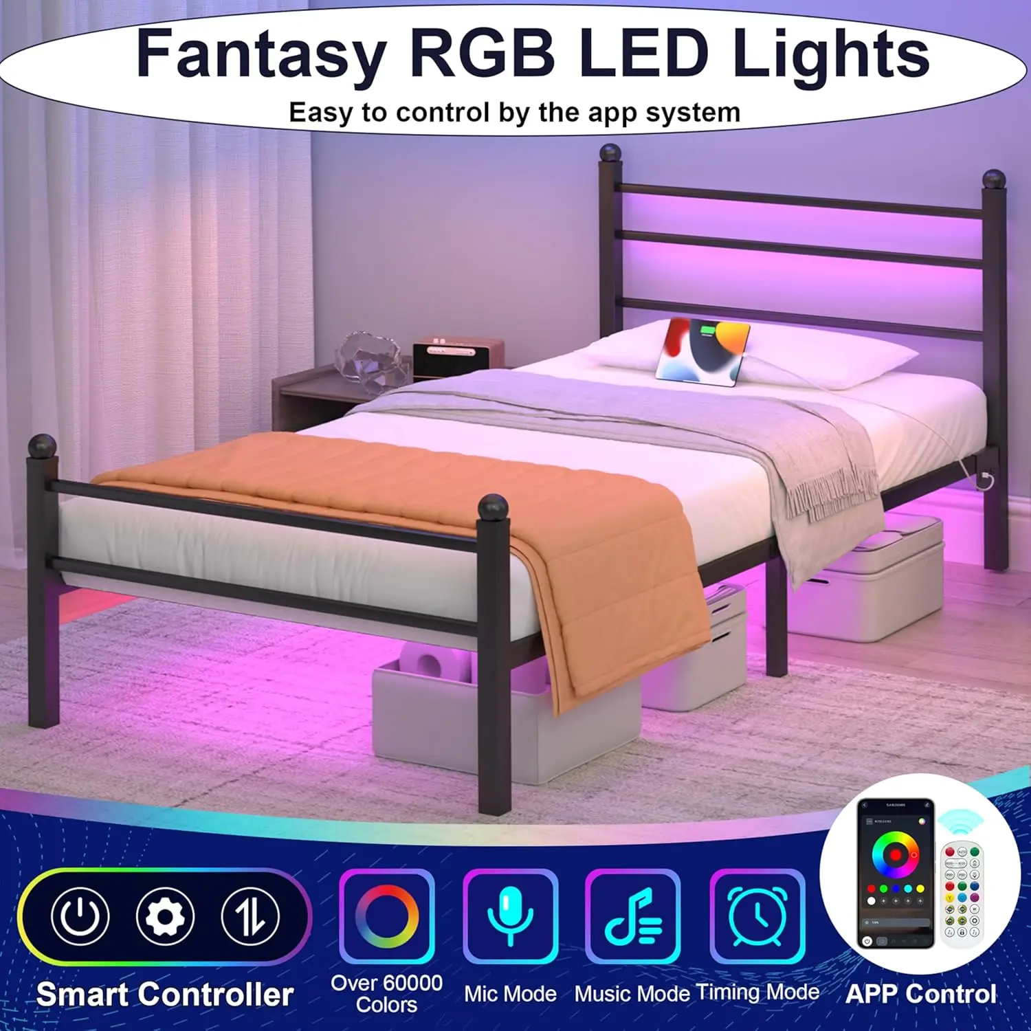 

Twin Bed Frame With Led Lights & Charging Station, Metal Platform Bed With Headboard, Heavy Duty Metal Slats, No Box Spring