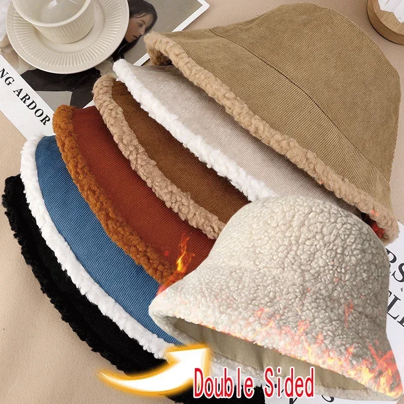 Autumn Winter Warm Bucket Hat Solid Fisherman Hat Corduroy Beanies Hats Reversible Hip-Hip Cap Soft Suede Lamb Wool Hunting Hat