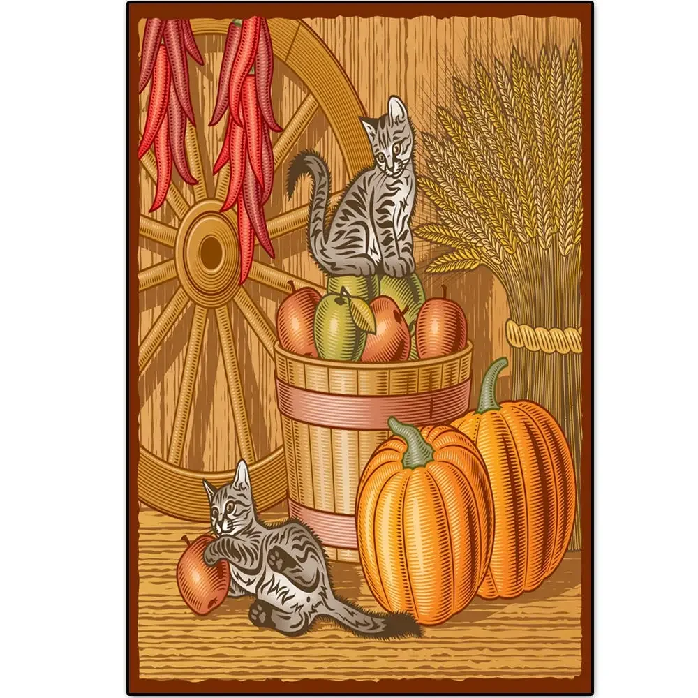 Retro Distressed Tin Sign Tabby Cat Pumpkin Apple Chili Harvest Poster, Country Cottage Kitchen Wall Hanging Decoration