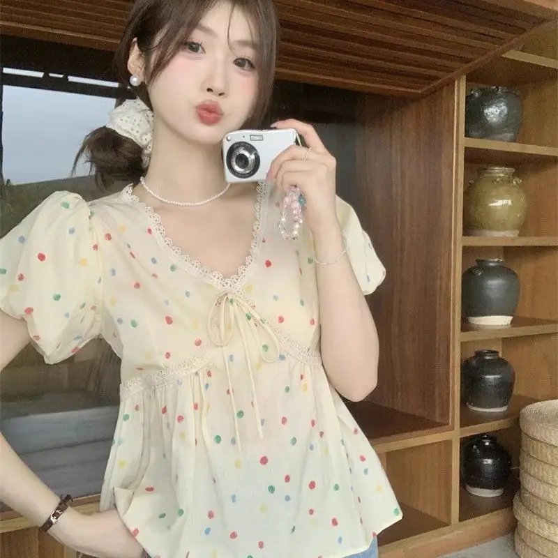 

Кружевная рубашка-пузырь для куклы, милый топ, новый ретро-рукав с v-образным вырезом и короткими рукавами