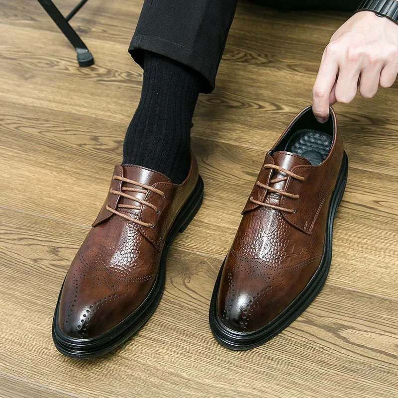 New Black Men Derby Shoes Brown Round Toe Lace-up Party Men's Formal Shoes Pu Leather  Size 38-46 Men Dress Shoes