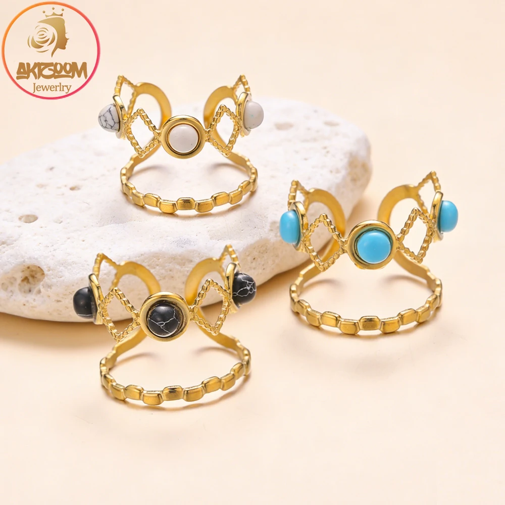 Bohemian Gold Plated Double Layer Open Ring For Women 3 Colors Natural Stone Geometric Hollow Ring Jewelry Mother's Day Gift