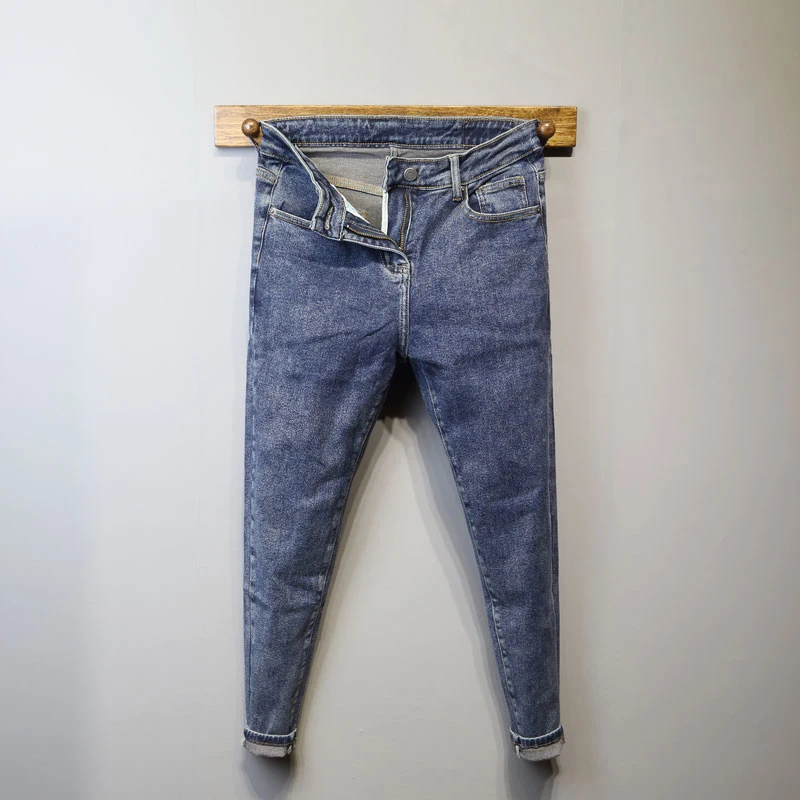 

Trendy Korean Sle Slim Fit Nine-Tenths Jeans Men's Elastic ular Youth Blue Versatile Long Pants Casual Low Waist Zipper