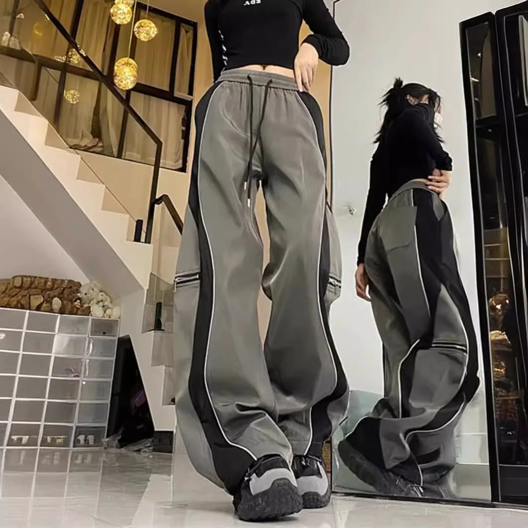 

Vintage American splicing sweatpants women's y2k design sense loose wide legs mopping long pants