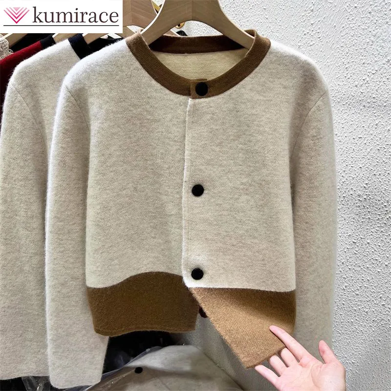 Color Blocking Soft Glutinous Knitted Sweater Cardigan for Women 2024 Spring and Autumn Winter Round Neck Knitted Jacket Top