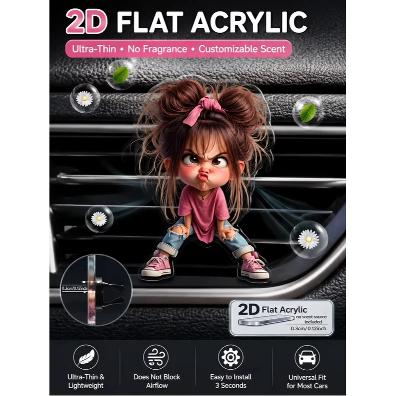 Cute 2D Acrylic Car Air Vent Clip, Flat Aromatherapy Diffuser Holder, Funny Girl Auto Interior Decoration, No Scent Included