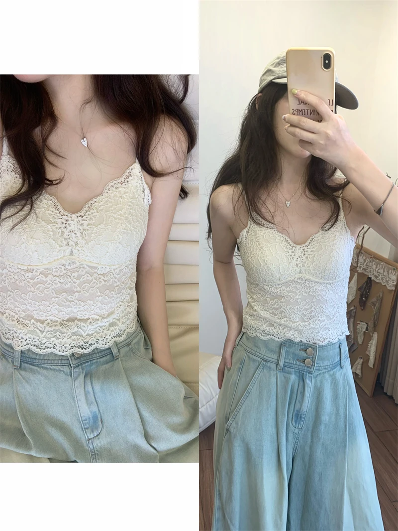 

Корейский кружевной топ из ткани Pure Desire с подкладкой на груди, укороченный, с полосатым узором, женская майка для ношения под одеждой