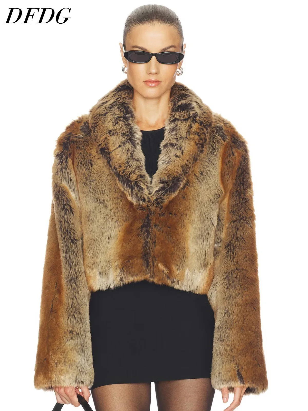 DFDG Women 2026 Wide Lapel Faux Fur Cropped Jacket Long Sleeve Fluffy Plush Warm Winter Luxury Nightclub Streetwear Coat Fur