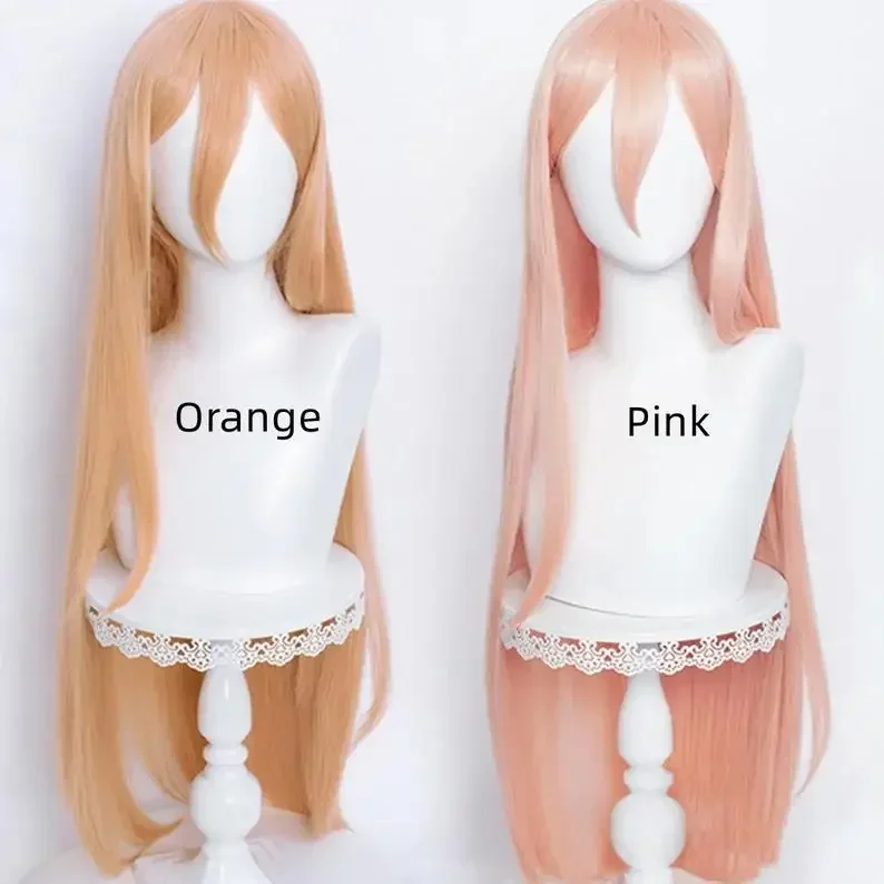 Anime Power Cosplay Wig Long Straight Orange Pink Wig Cosplay Anime Heat Resistant Synthetic Wig Props Horns