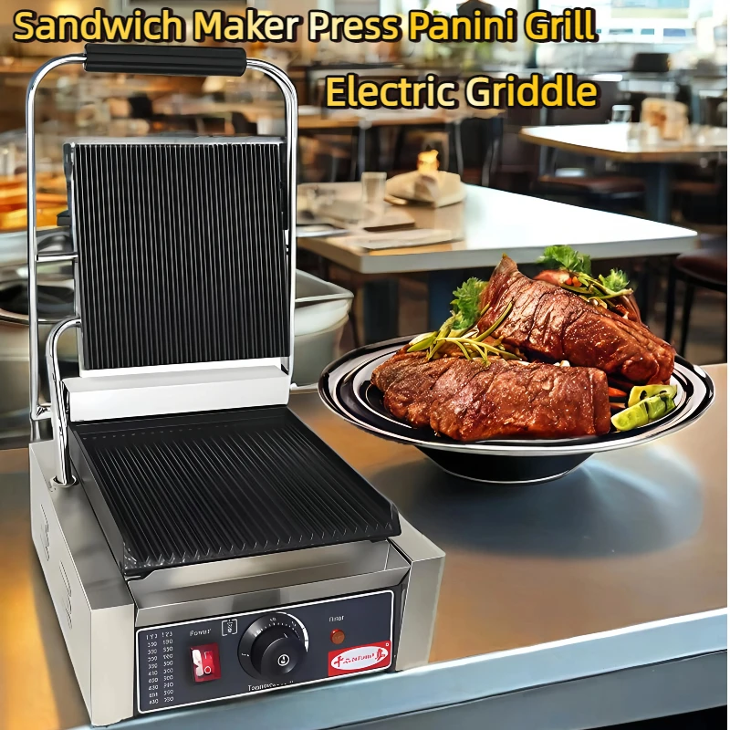 

Electric Griddle Commercial Stainless Steel Non-stick Industrial Panini Grill Griddle Machine Sandwich Snack Equipment 1800W